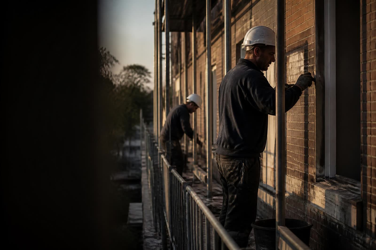 Vakmensen van Van Beukering & Borsboom werken op een steiger aan een bakstenen gevel